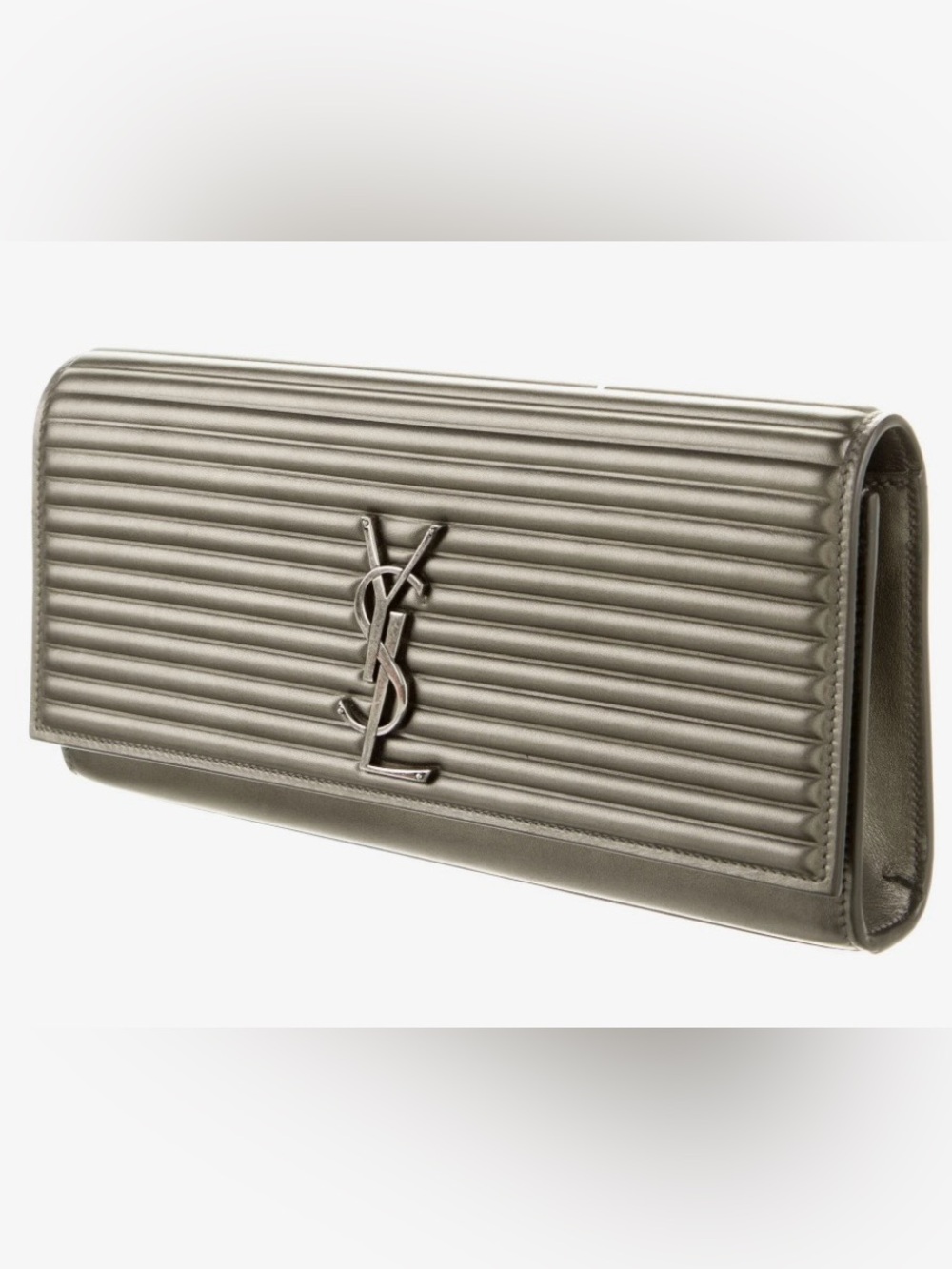 Saint Laurent Quilted Metallic Gray Leather Clutch